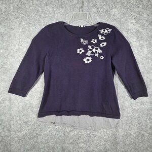 Talbots Women's Knit top Round Neckline Shirt Tail Hem Pullover Top Blue Size M